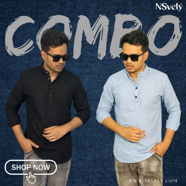 2 in 1 Combo | Exclusive Sakura Cotton Katuya For Men -Black+ Sky Blue